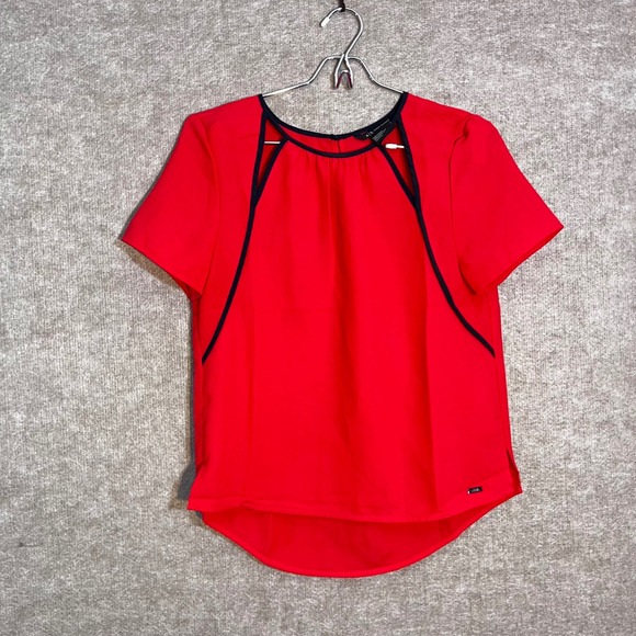 Armani Exchange Tops - Armani Exchange Blouse Womens XS Red Short Sleeve Contrast Trim High Low Casual